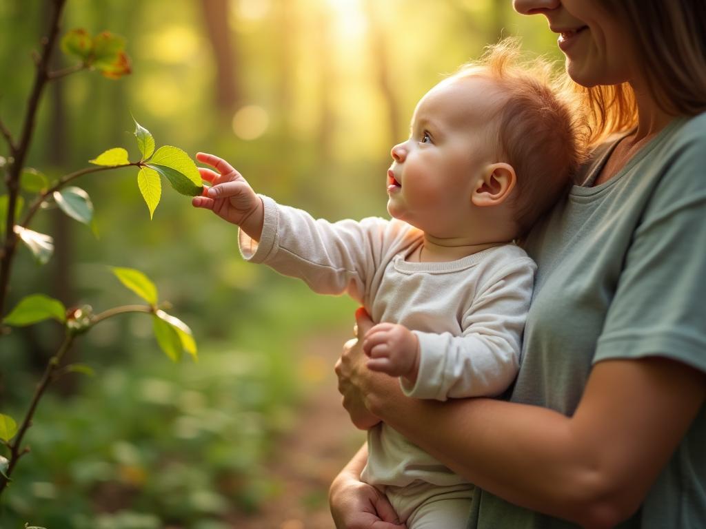 Parent and baby exploring nature together at Marylebone Village Nursery