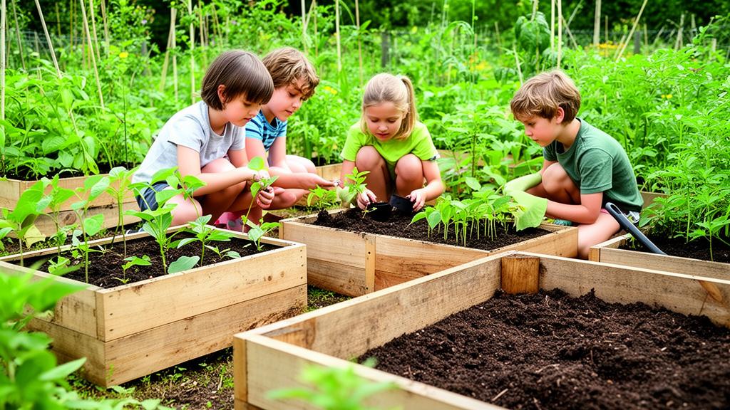 Children planting seedlings in a nursery garden with recycled wooden planters