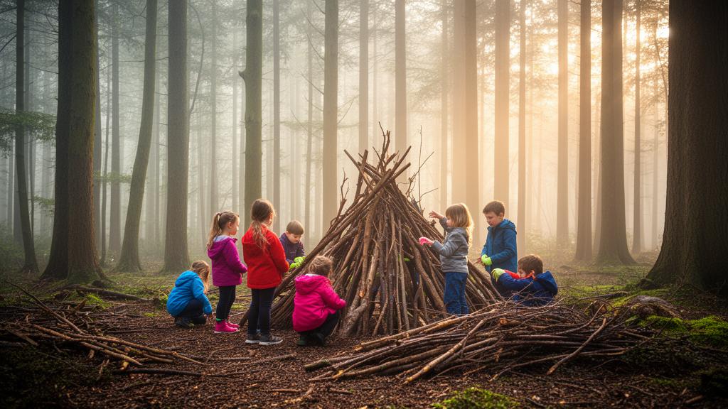 Children building a den with sticks and branches in a misty woodland forest school setting