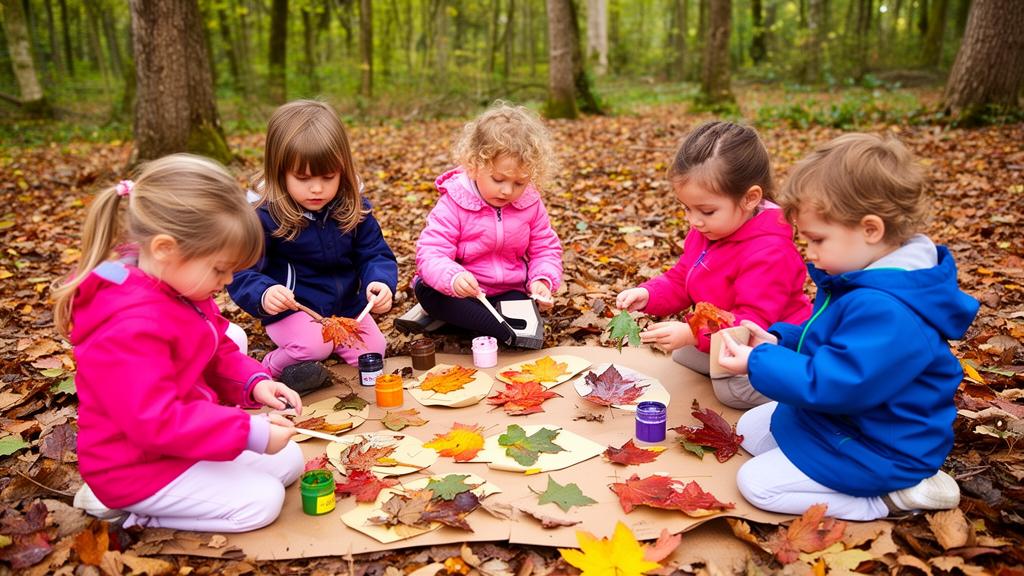 Children doing nature crafts in a woodland forest school setting