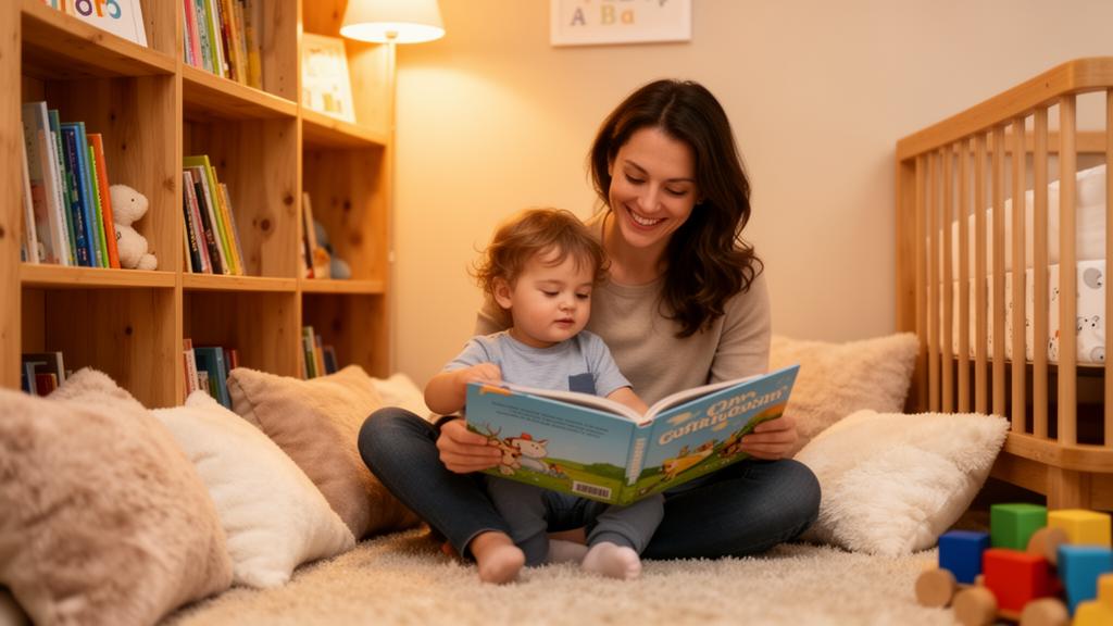 Parent and toddler reading a picture book together in a cozy nursery reading corner