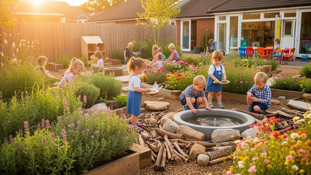 Children exploring a sensory garden with water play and natural materials