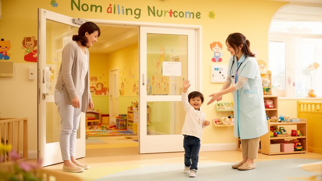 Child waving goodbye to parent at nursery entrance