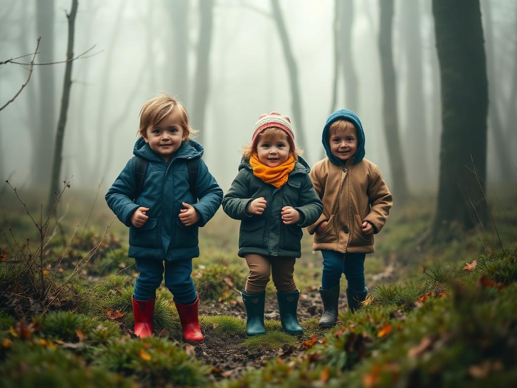 Children exploring a misty forest