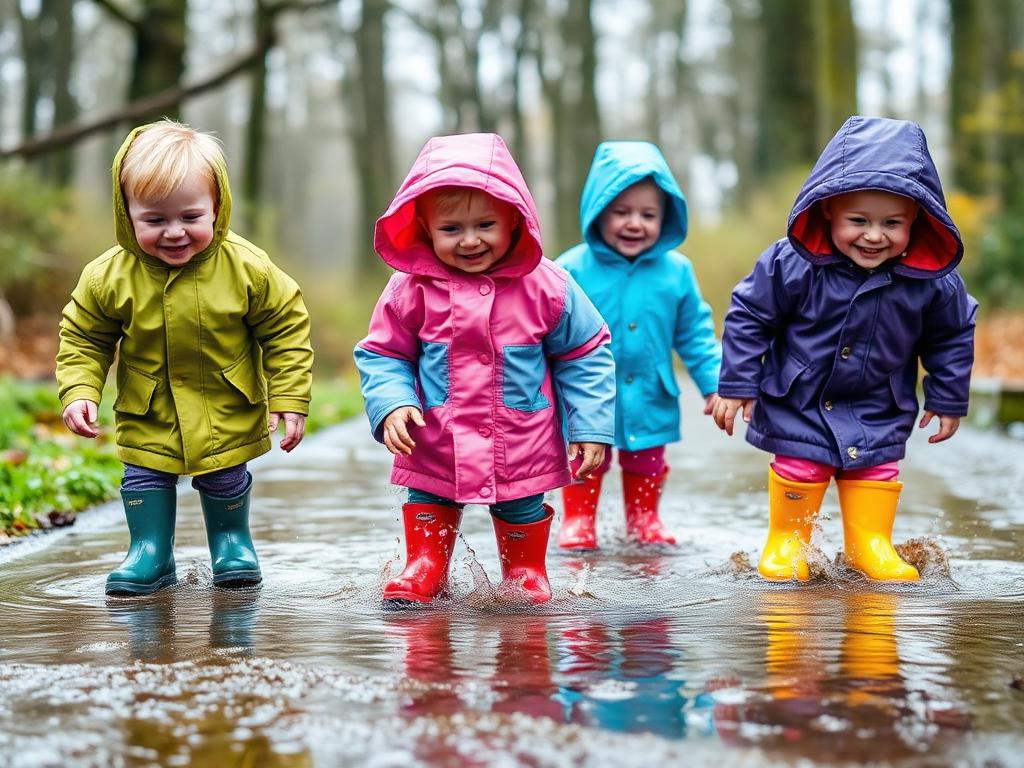 Children splashing in puddles on a rainy day