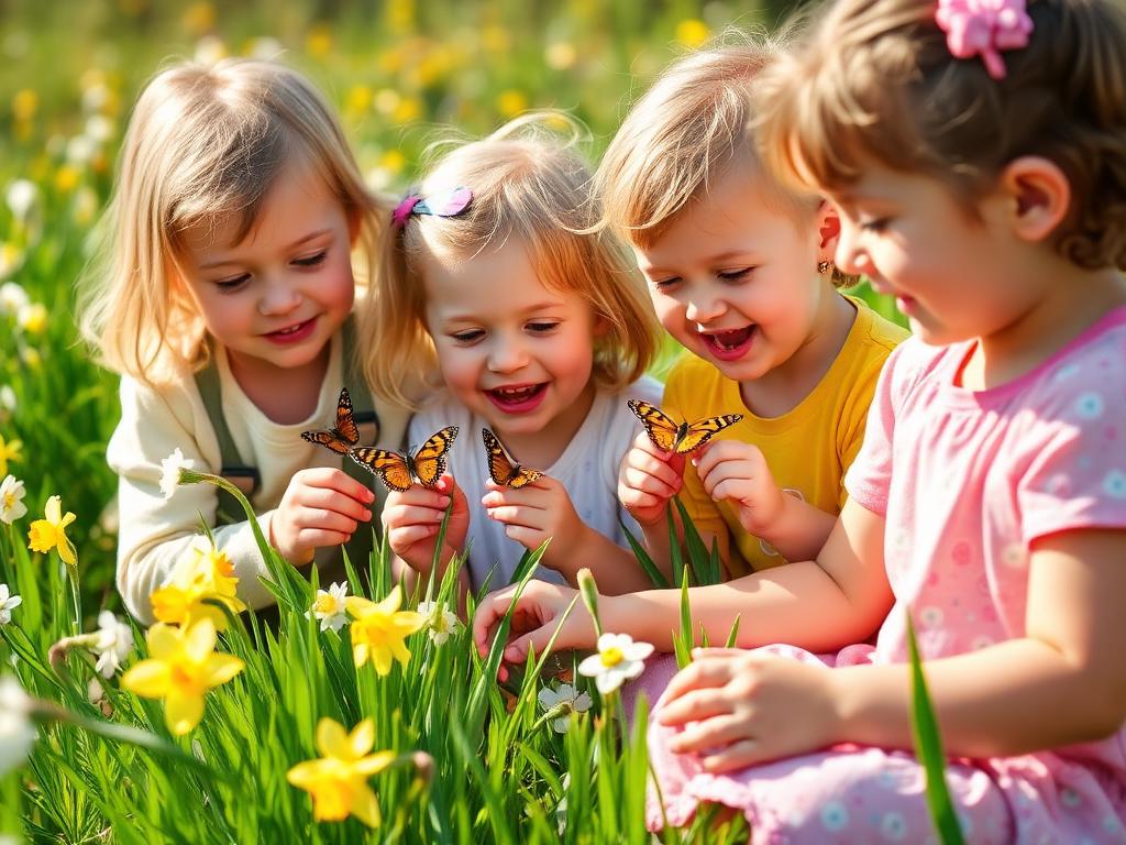 Children discovering spring flowers